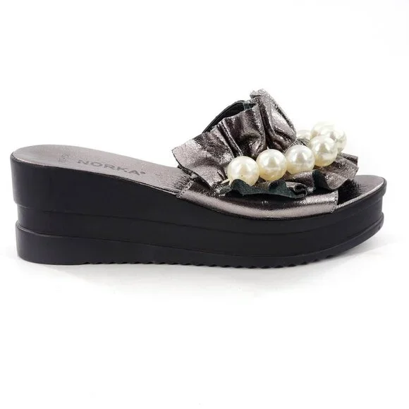 NORKA Silver Leather Ruffle Platform Wedge Slide Sandals With Pearls - Picture 5 of 9